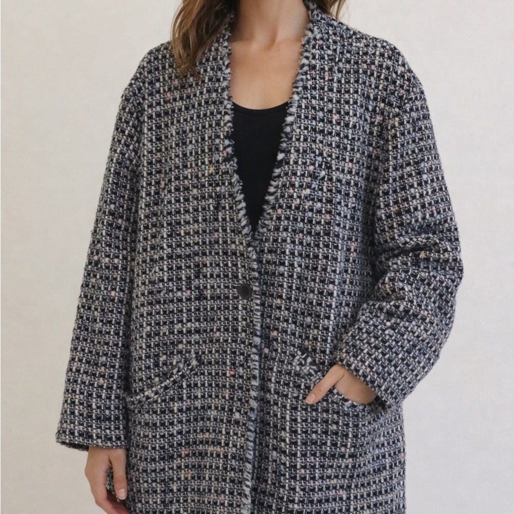 Leith Black Metallic Tweed Fringe Oversized Pea Coat Small